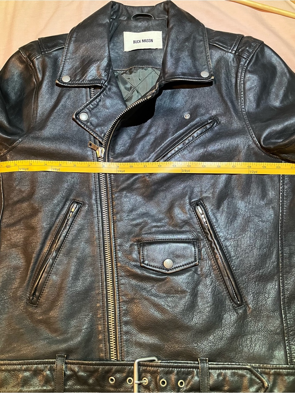Buck Mason Black Leather Biker Jacket with Belt - Picture 5 of 8